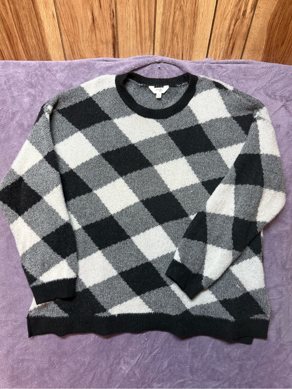 Terra & Sky Black and Gray Argyle Crewneck Sweater